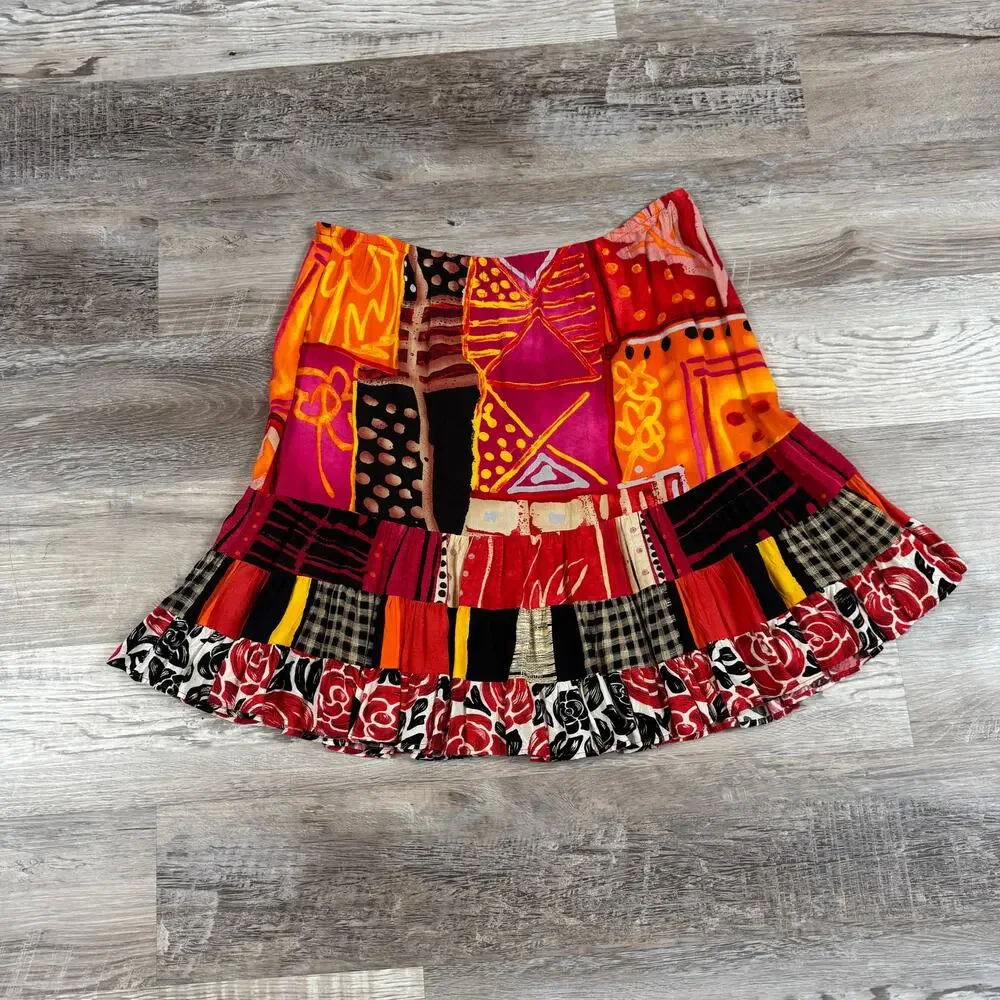 Vintage 90s Jams World Patchwork Mini Skirt Abstract Floral Artwear Boho Large